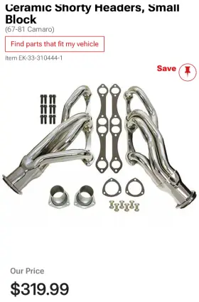 310444 Ecklers Sb 1967-1981 Shorty Headers Ceramic Coated