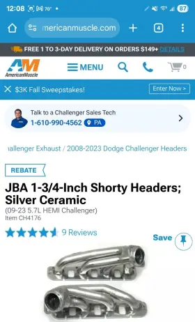 Ch4176 Jba Racing Headers 2009-2023 Dodge Challenger Rt 5.7 Hemi 1 Inch 3/4 Shorty Exhaust