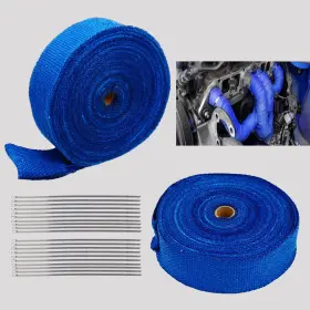 F305082 Superfastracing Blue 2x 2 Inch 50ft Roll Fiberglass Exhaust Header Pipe Heat Wrap Tape 20 Ties Kit